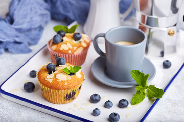 Muffins with blueberries. Delicious homemade sweet dessert. Coffee break