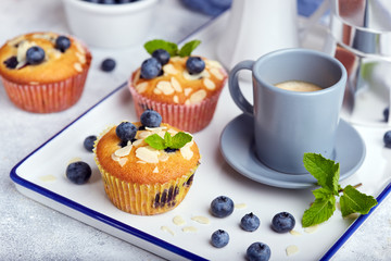 Muffins with blueberries. Delicious homemade sweet dessert. Coffee break