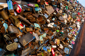Love padlocks hanging on the fence, Namsan Mountain area, Seoul, South Korea