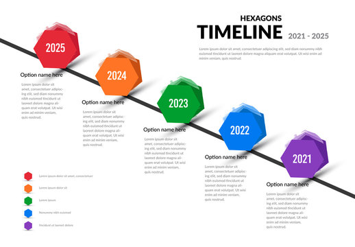 Timeline Layout with 5 Colorful Hexagons