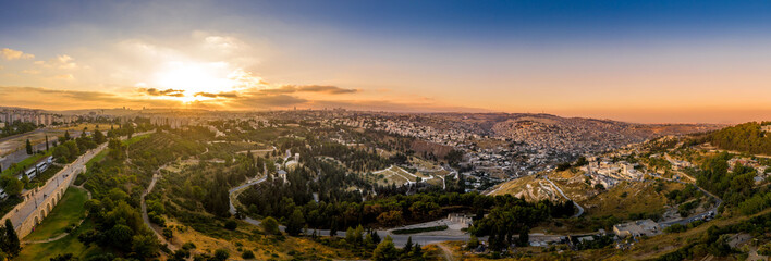 Aerial sunset view of Jerusalem  with the old city and the western parts, Silwan, Rehavia, Abu Tor...