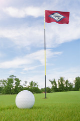 Obraz premium Arkansas flag on golf course putting green with a ball near the hole