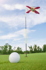 Obraz premium Florida flag on golf course putting green with a ball near the hole