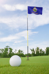 Obraz premium Kansas flag on golf course putting green with a ball near the hole