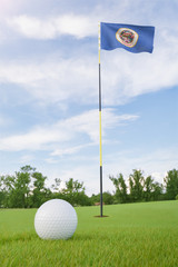 Obraz premium Minnesota flag on golf course putting green with a ball near the hole