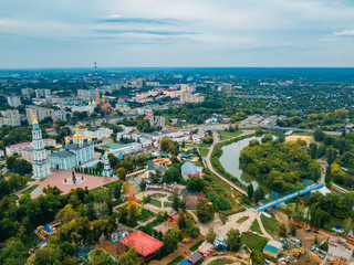 Tambov, historical downtown in cloudy summer, aerial view from drone