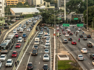 Sao Paulo, Brazil, July 19, 2019. Intense traffic on the avenues 23 de Maio and 9 de Julho near the entrance of the Anhangabau tunnel in downtown Sao Paulo
