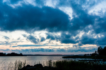 Beautiful cloudy sunset over Baltic sea, Vaasa, Finland