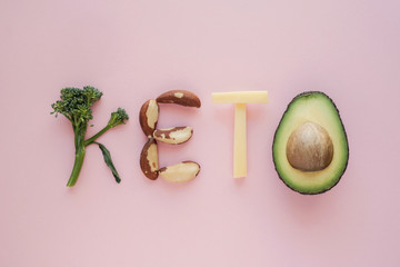 Keto word made from Ketogenic diet, low carb, healthy food on pink pastel background, new year...