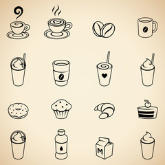 Black Coffee and Breakfast Icons on a Beige Background Vector Illustration