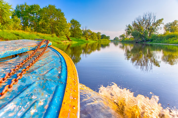 Closeup of Boat Fore Traveling Through the River with Water splashes From Starboard Side