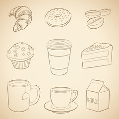 Coffee and Breakfast Icons on a Beige Background Vector Illustration