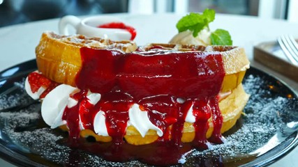waffles with strawberry sauce and Ice cream, dessert