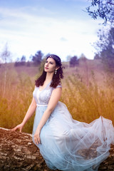 Fototapeta na wymiar Gorgeous Portrait of Sensual Caucasian Brunette in Long Blue Dress Posing on Wood Pile Against Bright Light.