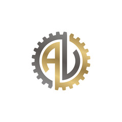 Initial letter A and V, A and U, AV, AU, interlock cogwheel gear monogram logo, black gold on white background