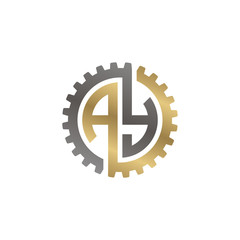 Initial letter A and Y, AY, interlock cogwheel gear monogram logo, black gold on white background