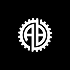 Fototapeta premium Initial letter A and B, AB, interlock cogwheel gear monogram logo, white color on black background