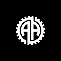 Initial letter A and A, AA, interlock cogwheel gear monogram logo, white color on black background