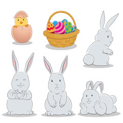 Easter Bunnies Eggs Basket and a Chick on a White Background Vector Illustration