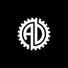 Initial letter A and D, A and O, AD, AO, interlock cogwheel gear monogram logo, white color on black background