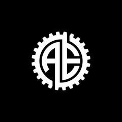 Initial letter A and E, AE, interlock cogwheel gear monogram logo, white color on black background