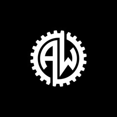 Initial letter A and W, AW, interlock cogwheel gear monogram logo, white color on black background