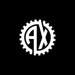 Initial letter A and X, AX, interlock cogwheel gear monogram logo, white color on black background