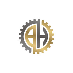 Initial letter B and H, BH, interlock cogwheel gear monogram logo, black gold on white background