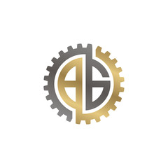 Initial letter B and G, BG, interlock cogwheel gear monogram logo, black gold on white background