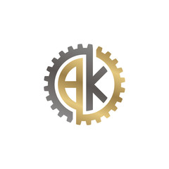 Initial letter B and K, BK, interlock cogwheel gear monogram logo, black gold on white background