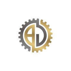 Initial letter B and J, BJ, interlock cogwheel gear monogram logo, black gold on white background