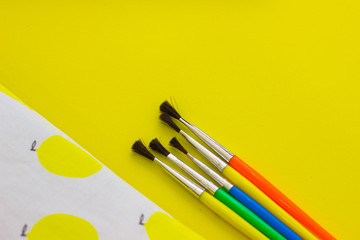 Brushes and pencil case on a yellow background. Back to school. View on top and copy space