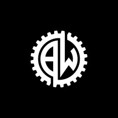 Initial letter B and W, BW, interlock cogwheel gear monogram logo, white color on black background