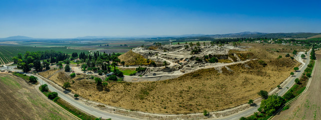 Fototapeta na wymiar Aerial panorama of ancient city of Tel Megiddo archaeological park, site of the biblical Armageddon in Israel 
