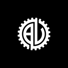 Initial letter B and V, BV, B and U, BU, interlock cogwheel gear monogram logo, white color on black background