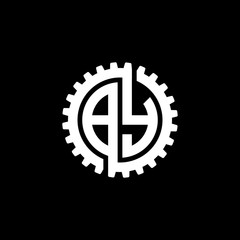 Fototapeta premium Initial letter B and Y, BY, interlock cogwheel gear monogram logo, white color on black background