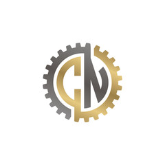 Initial letter C and N, CN, interlock cogwheel gear logo, black gold on white background