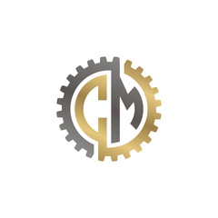 Initial letter C and M, CM, interlock cogwheel gear logo, black gold on white background