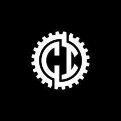 Initial letter C and I, CI, interlock cogwheel gear monogram logo, white color on black background