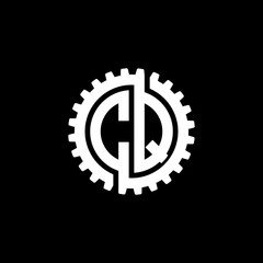 Initial letter C and Q, CQ, interlock cogwheel gear monogram logo, white color on black background