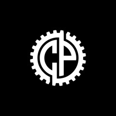 Initial letter C and P, CP, interlock cogwheel gear monogram logo, white color on black background