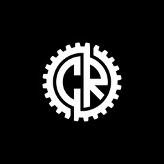 Initial letter C and R, CR, interlock cogwheel gear monogram logo, white color on black background