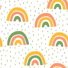 Fotobehang Scandinavische stijl Hand getekende Children& 39 s Cute regenboog en regen naadloze patroon. Eenvoudige Vectorachtergrond in Scandinavische stijl.