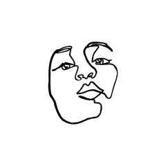 One Line Woman's Face. Continuous line Portrait Kiss The Girl In a Modern Minimalist Style. Vector Illustration.
