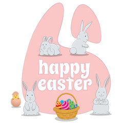 Pink Happy Easter Background with 4 Bunnies a Chick and Eggs Basket Vector Illustration