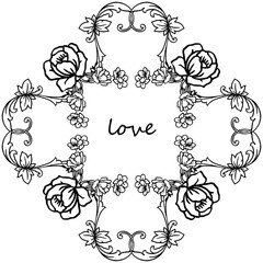 Vintage retro style text of love, with drawing of rose flower frame. Vector