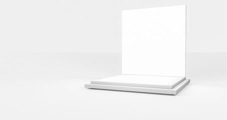 3 d rendered illustration of white pedestal in white background, with copy space for products or business promotions.