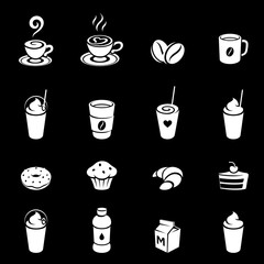 White Coffee and Breakfast Icons on a Black Background Vector Illustration