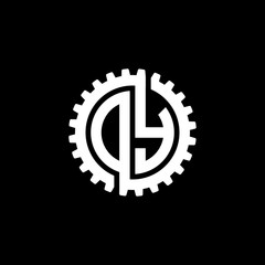 Initial letter D and Y, O and Y, DY, OY, interlock cogwheel gear monogram logo, white color on black background