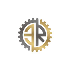 Initial letter E and R, ER, interlock cogwheel gear logo, black gold on white background